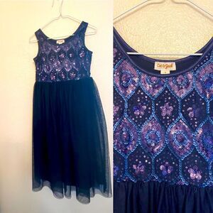 Cat & Jack navy blue sequin formal special occasion long mesh skirt dress S 7-8